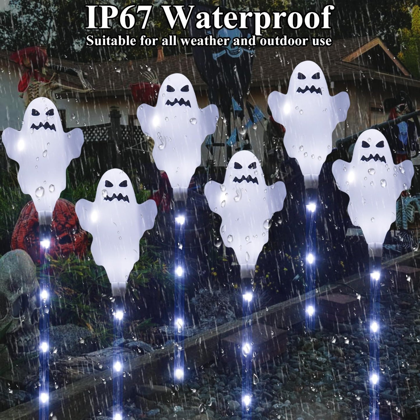 6 Pack Solar Halloween Ghosts Outdoor Decorations, Solar Halloween Lights Outdoor Waterproof, Pathway Lights for Outside Garden Patio Yard Lawn Party Walkway Grave Ghost Decor