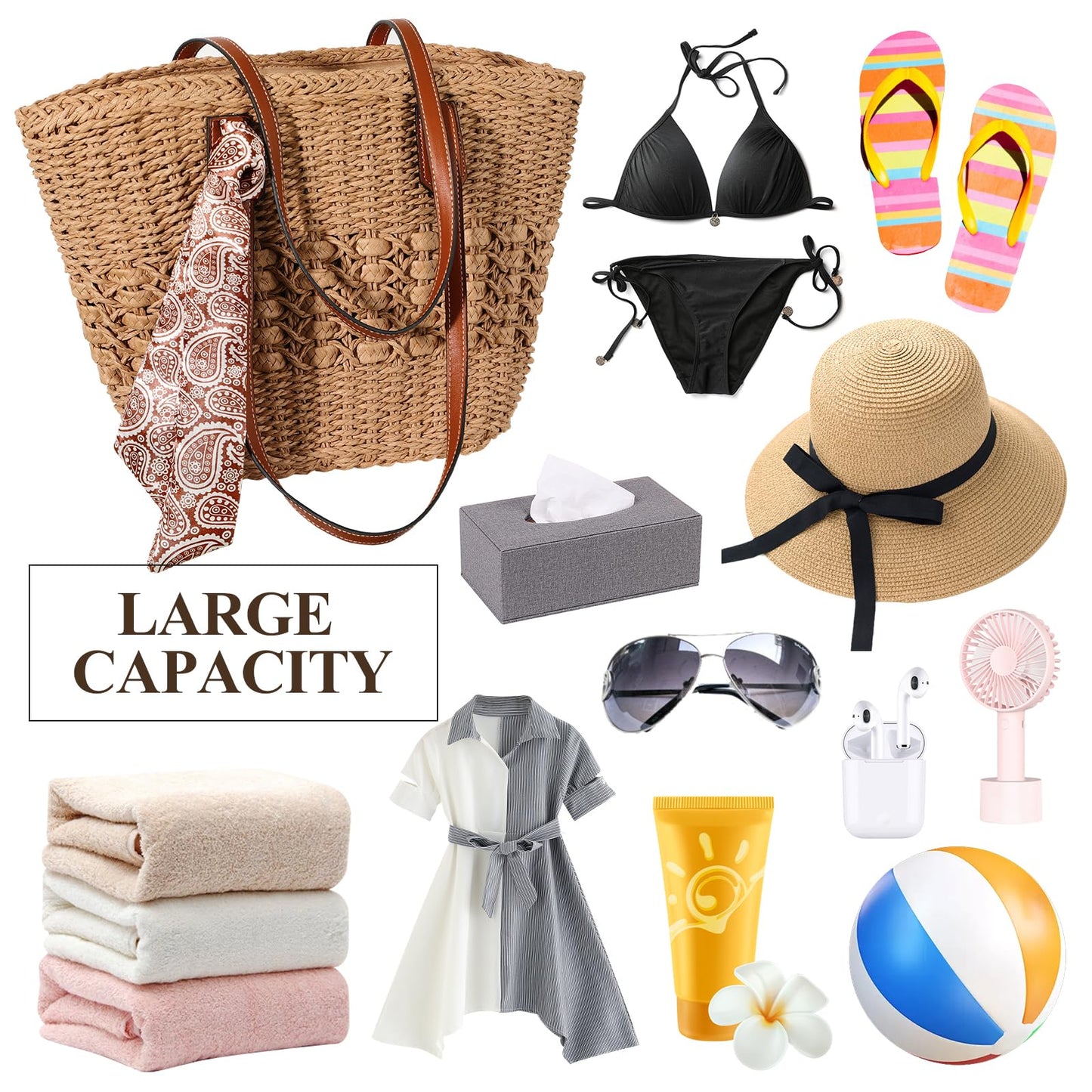 Trifabricy Beach Bags for Women - Large Straw Beach Bag, Woven Beach Tote Bag Shoulder Handbags, Straw Tote Bag for Summer Vacation