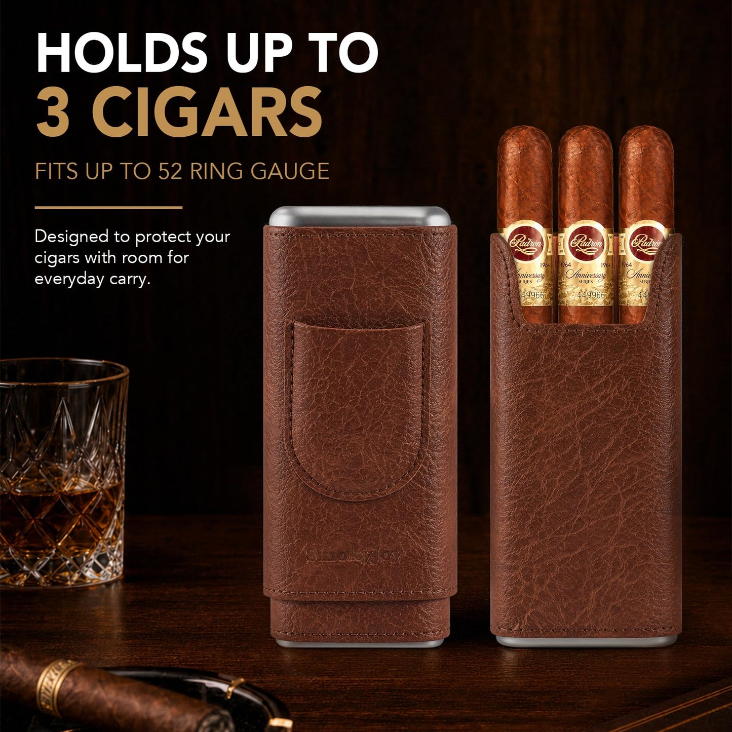 SmokyJoy Luxury Leather Cigar Travel Case Gift Set, Cedar Wood Lined Portable Humidor with V-Cut, Guillotine & Punch Cutter Tools, Premium Cigar Holder Accessory Gift Box for Cigar Enthusiasts, Brown