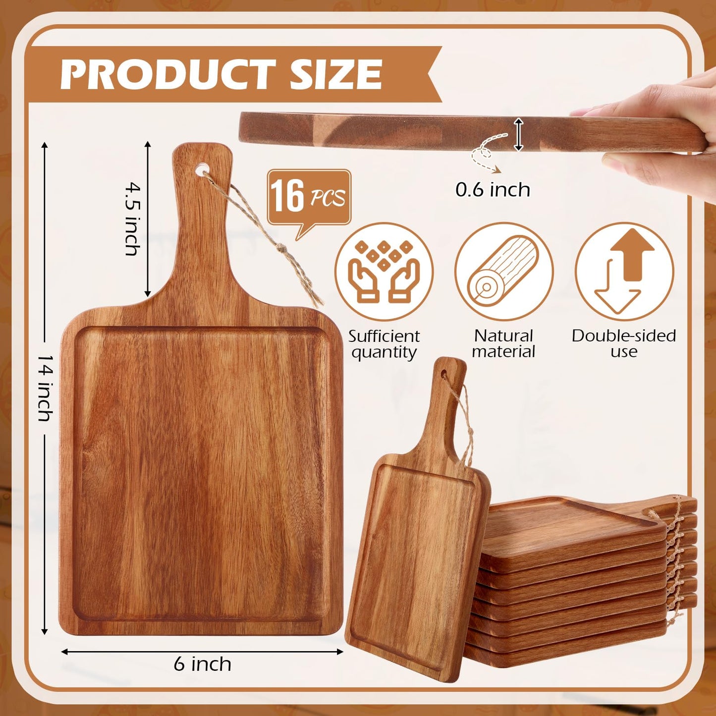Tanlade 16 Pcs Acacia Wood Cutting Board with Handle Chopping Boards Decorative Charcuterie Platter Pizza Bread Cheese Fruit Serving Tray for Kitchen Counter Table Christmas Decorate (14 x 8 Inch)