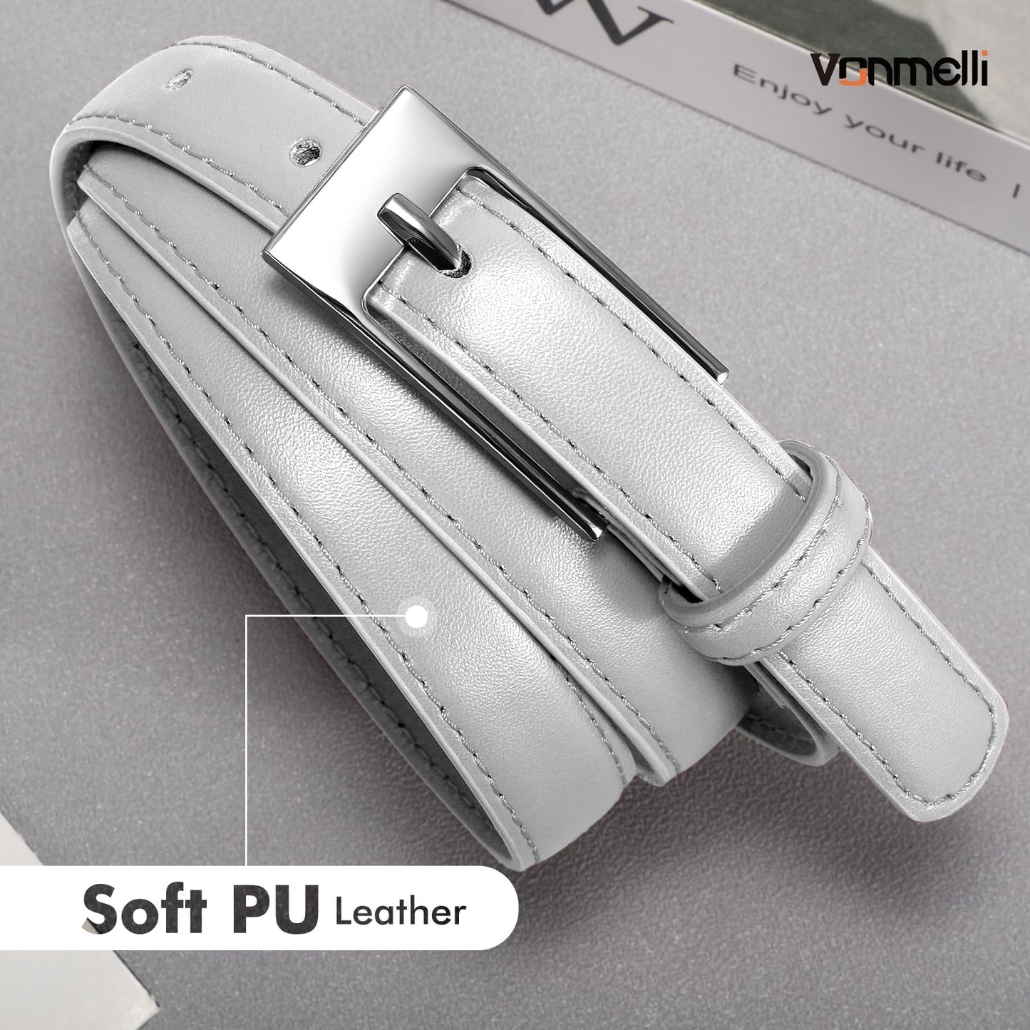 VONMELLI Thin Belts for Women Skinny Leather Sliver Belt Women for Dress Jeans Fashion Waist Belt with Sliver Buckle, S