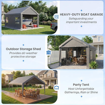 Bezseller 12x20 FT Heavy Duty Carport Canopy with Removable Sidewalls, Portable Garage Tent with Roll-Up Windows & Doors, Car Port with All-Season Tarp for Cars, Boats, Trucks, Motorcycles, Gray
