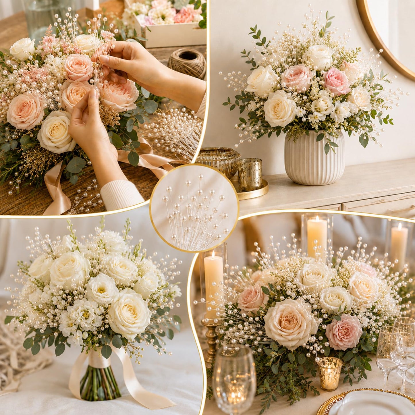 60 Pieces Pearl Stick Stems Bouquets, 4mm Bead String Garland Beaded Spray Filler Floral Arrangements Tree Picks Wedding Party Decoration, Mother's Day Flower Decor, Christmas Tree Picks (Ivory)