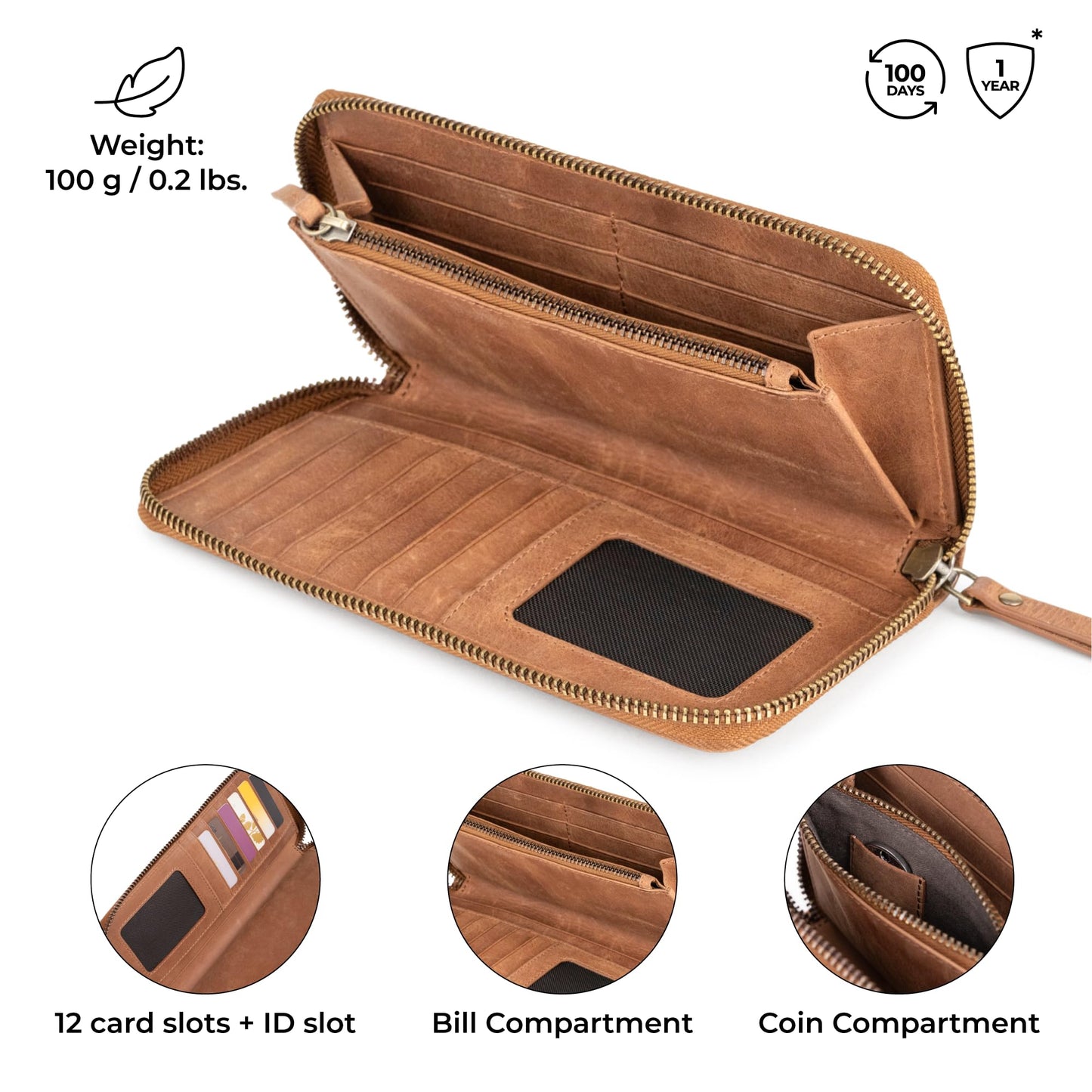 BERLINER BAGS Vintage Genuine Leather Wallet Margo, RFID Blocking Credit Card Holder, Slim Womens Wallet, Zip Around Wallet for 13 Cards and ID window, Bills, Coins - Brown