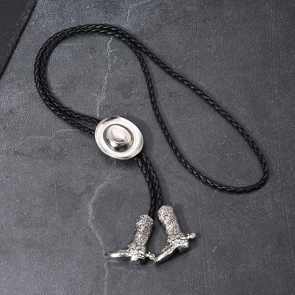 Joxevyia Western Cowboy Bolo Tie for Men Women Adjustable Necktie 3D Cowboy Hat and Boots Tips Bolo Neckties for Concert Rodeo and Daily Outfit