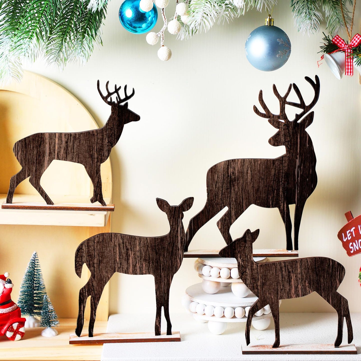 Barydat 4 Pcs Summer Christmas Table Decorations Wooden Christmas in July Pine Tree Reindeer Table Centerpiece Xmas Tabletop Sign Rustic Farmhouse Decor for Home Office Party Supplies Gifts (Reindeer)