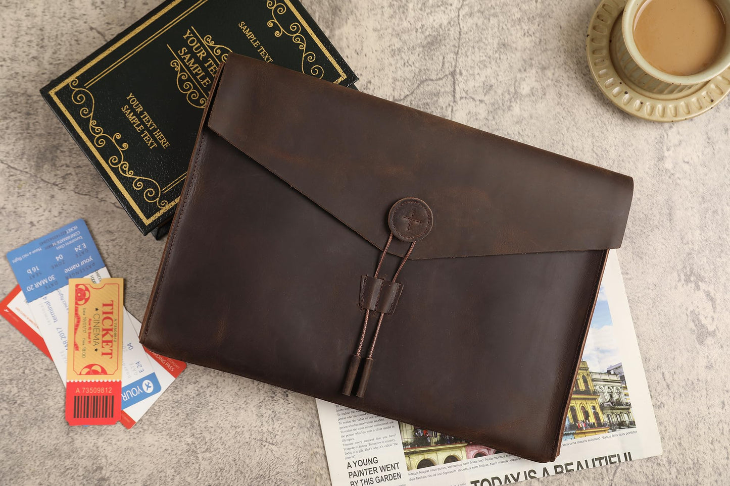 GZRHKJ Genuine Leather Folder Portfolio, Leather File Folder Organizer，Envelope Document Holder for Men&Women, Personalized Folio Laptop Sleeve Case for 15" Laptops, Tablets