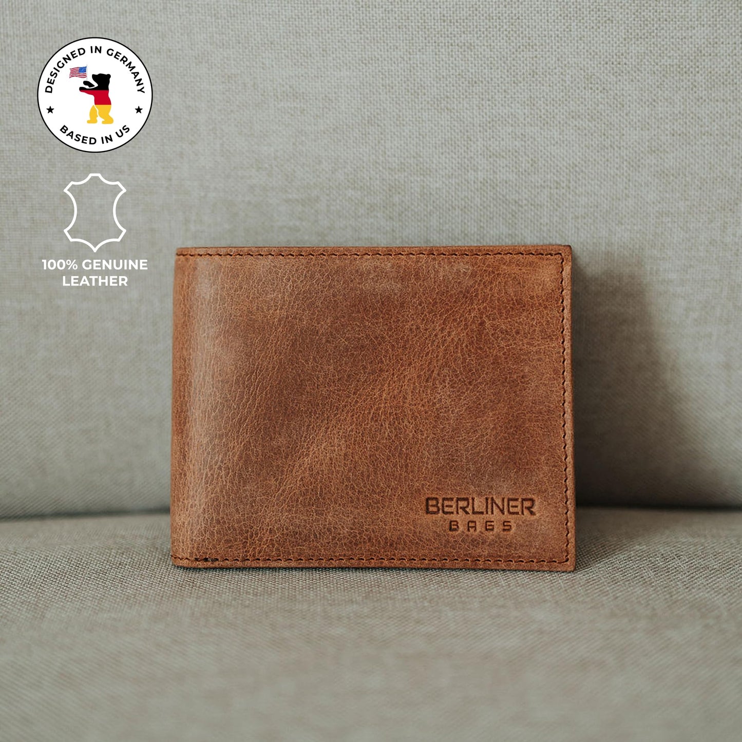BERLINER BAGS Premium Genuine Leather Mens Wallet Peter – Slim Front Pocket Bifold Wallet for Men, Minimalist Design, RFID Blocking, Holds 8 Cards, ID Window, Gift Box - Brown