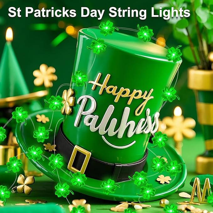 Aogist St. Patrick 's Day Decorations Clover String Lights, 16 ft 50 LED Green Shamrock Fairy Light for Saint Patrick’s Day Decor, Lucky Irish Decals Party Ornaments, Irish Party Supplies (1 Pack)