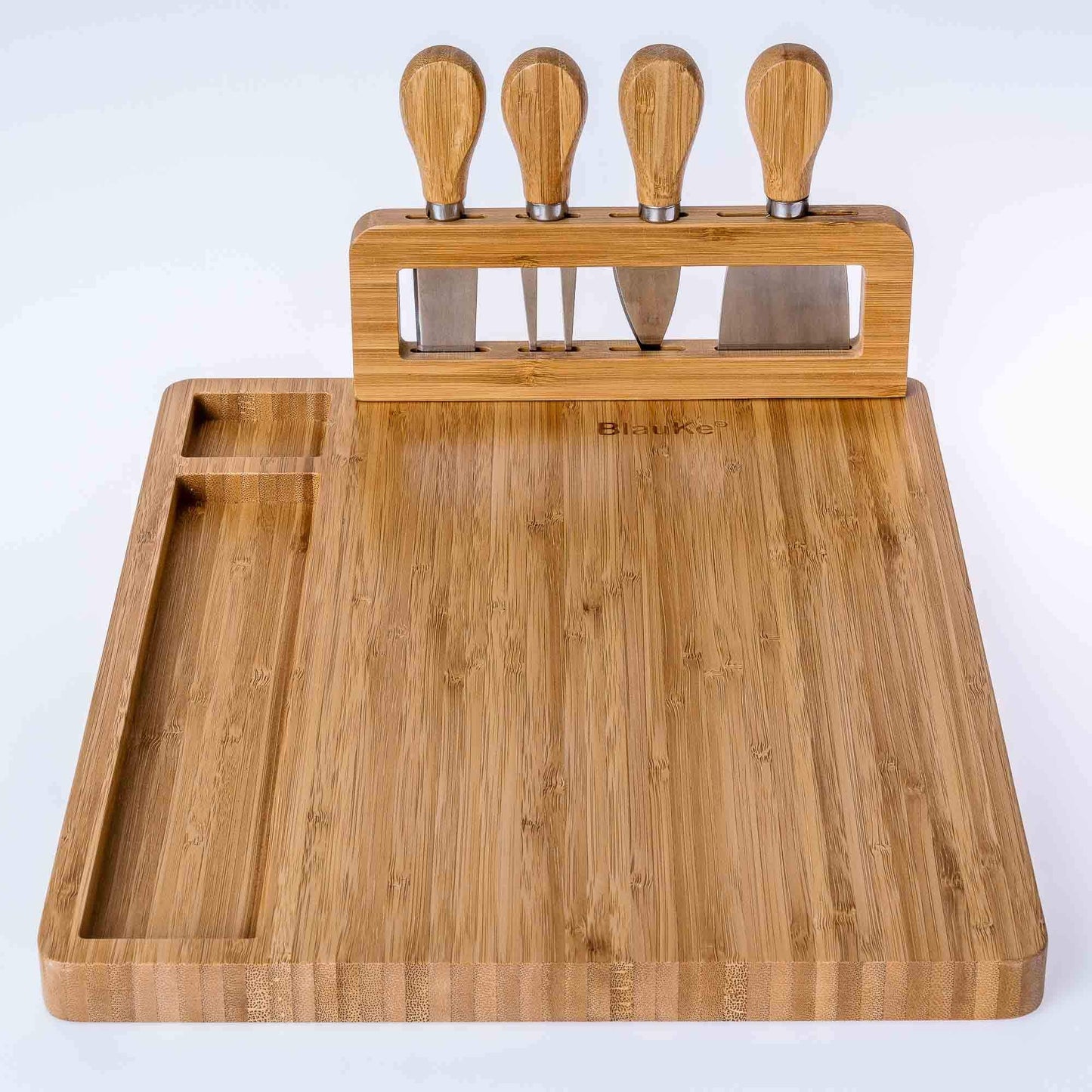 Bamboo Cheese Board and Knife Set 14x11 inch – Wood Cheese Cutting Board, Serving Tray Platter, Charcuterie Board Set with 4 Cheese Knives – BlauKe®