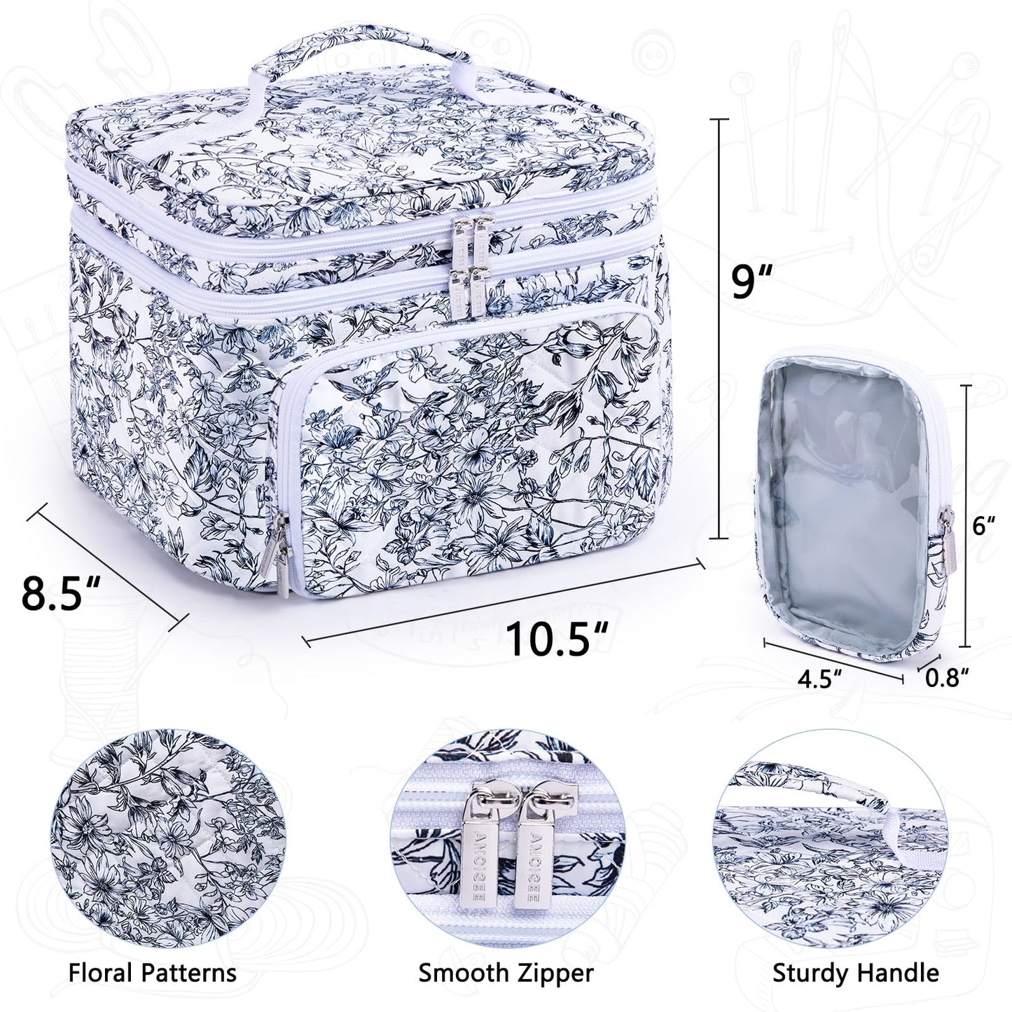 AMOIGEE Double-Layer Sewing Organizer Storage Bag with 2 Detachable Pouches, Large Quilted Sewing Basket for Supplies & Tools, Portable Travel Sewing Kit Case, Gift for Mom(BAG ONLY)