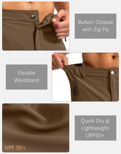Pudolla Men's Hiking Cargo Shorts 9" Lightweight Outdoor Work Shorts for Men Travel Golf Camping Casual with 5 Zipper Pockets(Brown Large)