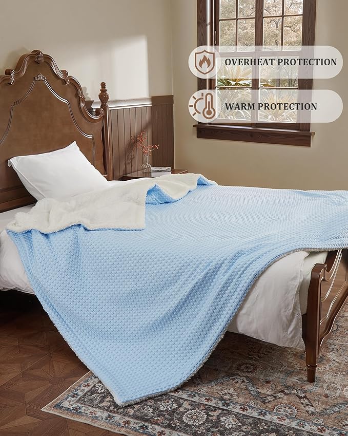 CAROMIO Heated Blanket King Size with LCD Dual Controller, Waffle Weave Fast Heating Electric Blankets, 10 Heat Levels & 1-12H Time Settings, ETL Certified, Machine Washable, Light Blue, 100" x 90"