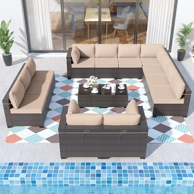 ALAULM 14 Pieces Outdoor Patio Furniture Set Sectional Sofa Sets Brown PE Rattan Patio Conversation Set w/12 Khaki Seat Cushions and 2 Coffee Tables
