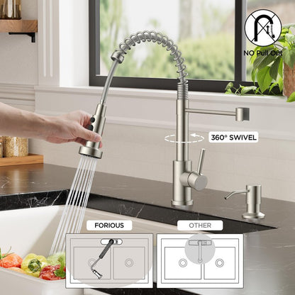 FORIOUS Kitchen Faucets with Sprayer, Brushed Nickel Stainless Steel Sink Faucet Single Handle with Deck Plate, Commercial Classic Spring Faucet for Kitchen Sink, Bar & Prep Sinks, Laundry RV Camper