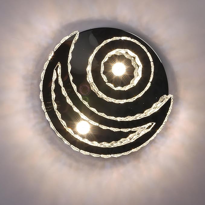 CXGLEAMING 15.7" Modern LED Ceiling Light Flush Mount Crystal Chandelier Light Fixture Round Moon Shape Modern Chandeliers for Living Room Bedroom Bathroom Hallway(3 Color Changable)