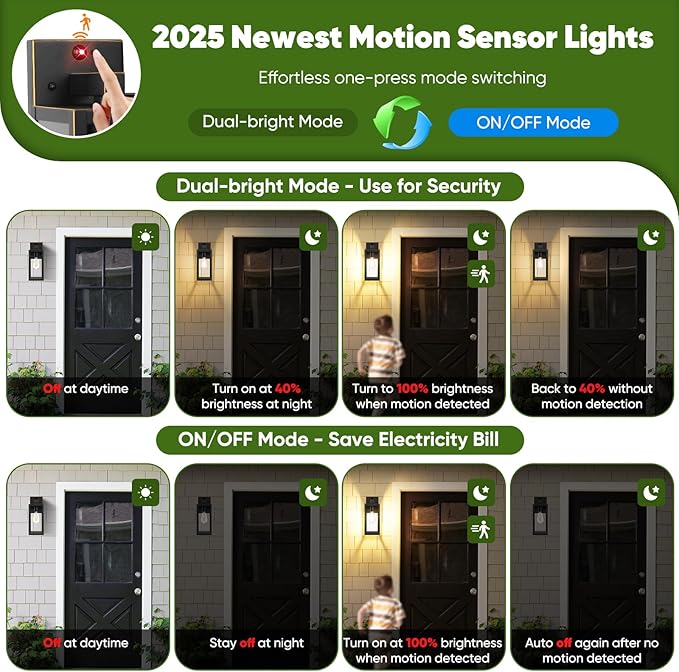 Upgraded Motion Sensor Outdoor Wall Light, 13” Dusk to Dawn Porch Light Outdoor Wall Sconce Lantern, 3 Lighting Modes Exterior Lighting Fixture Wall Mount, Outside Light for House Garage Patio, Bronze