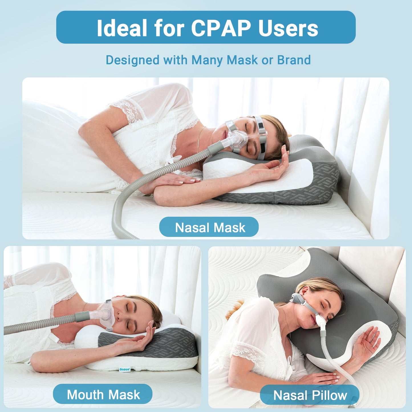 Elviros Cervical Neck Pillow for Neck Pain Relief, CPAP Pillow for Side, Back & Stomach Sleepers, Ergonomic Orthopedic Pillow for CPAP Users to Reduce Air Leaks and Mask Pressure, Dark Grey