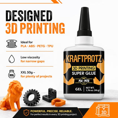 3D Printer Superglue Gel for PLA, ABS, PETG, TPU & Nylon – 1.76 oz XXL – No-Drip, Extra Strong & Waterproof – Precision Tip for Repairs, Supports & Vertical Surfaces
