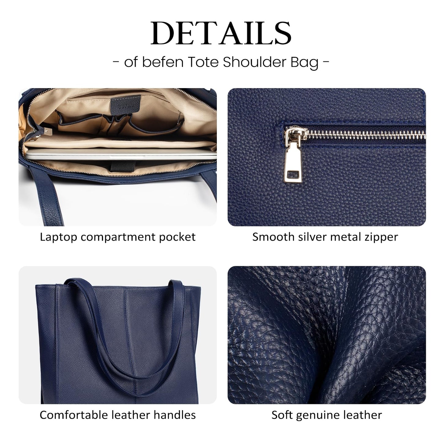 befen Soft Real Leather Tote Bag for Women, Ladies Leather Shoulder Bags Purse Satchel Handbag with Top Handles for Work Navy Blue