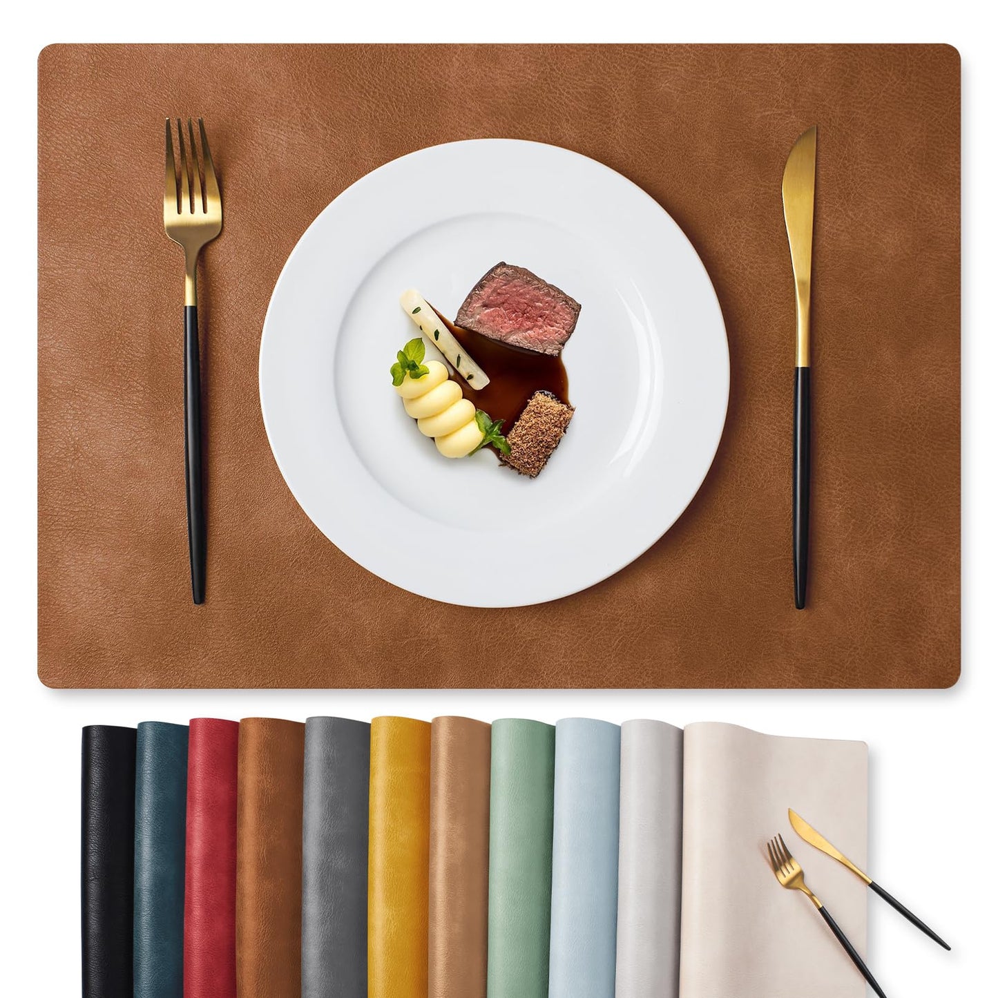 MOSAYT Vinyl Placemats Set of 4-12 X 17 Inch - Faux Leather 100% Waterproof Oil-Proof Wipeable PU Place Mats, Heat Resistant Reversible Table Mats for Kitchen, Dining, Outdoor, Reddish Brown