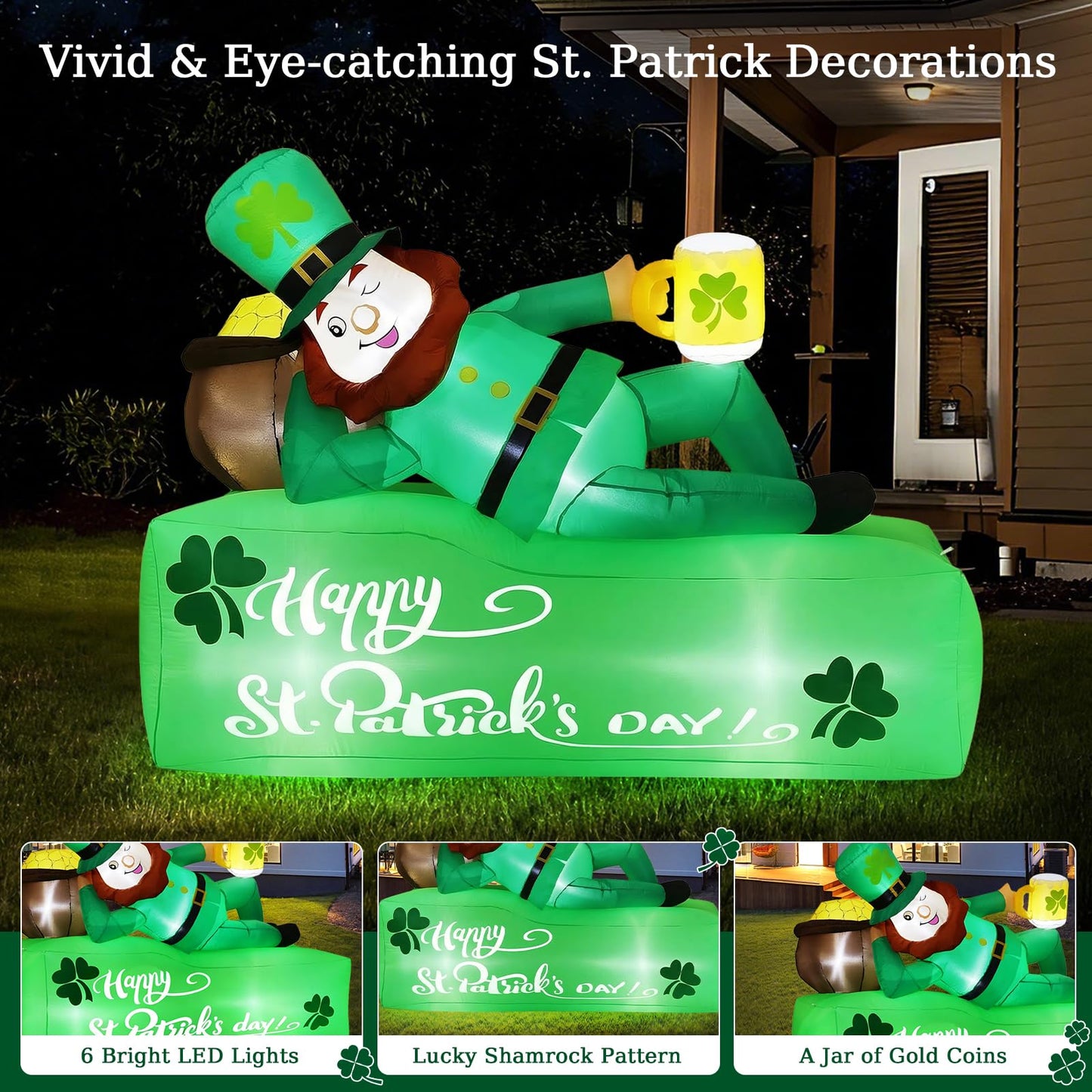 Lewondr 5.9FT St Patricks Day Inflatable Outdoor Decorations, Inflatable Leprechaun Lay on The Bed with Shamrocks, Blow up Yard Decoration with 6 Build-in Lights for Holiday Party Yard Lawn Garden