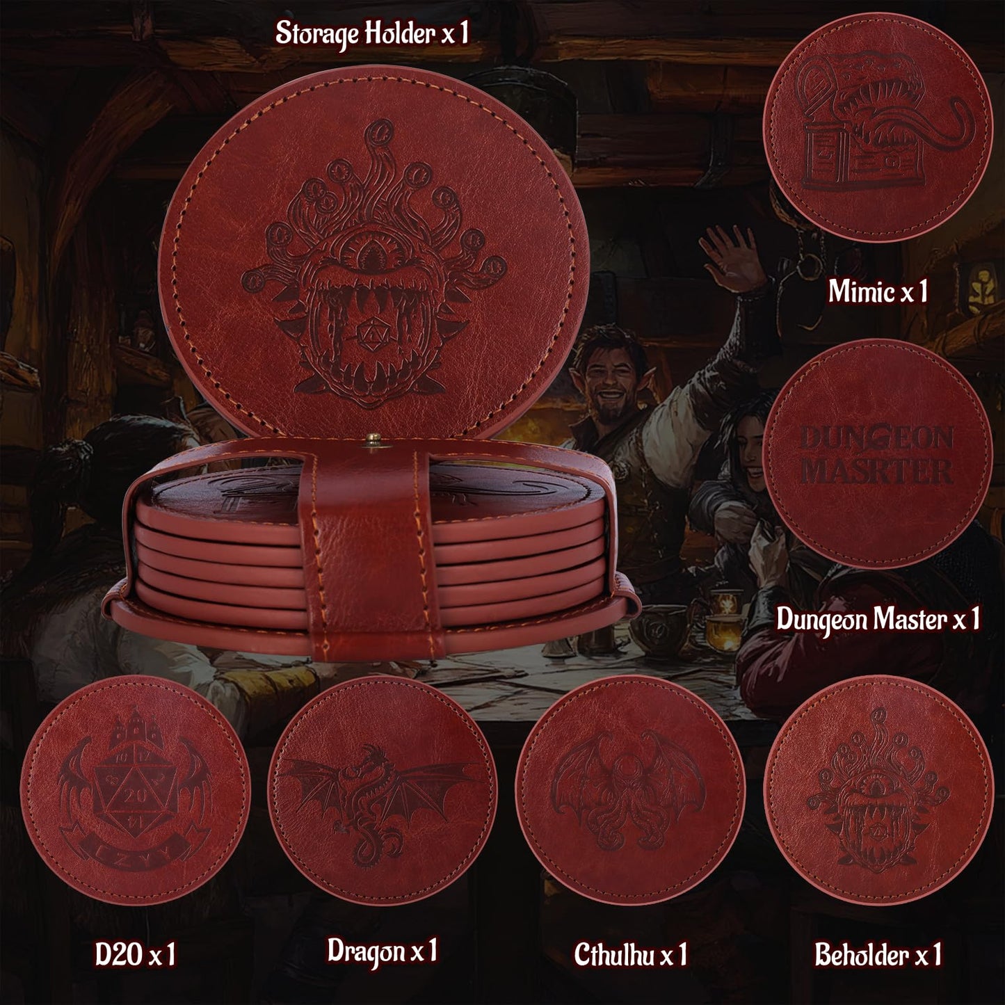 CZYY DND Coaster Set, Set of 6 Faux Leather Coasters with Storage Holder, Embossed with Dragon, Beholder, Mimic, Cthulhu, D20 & Dungeon Master, DND Inspired Gift for DM & Gamer
