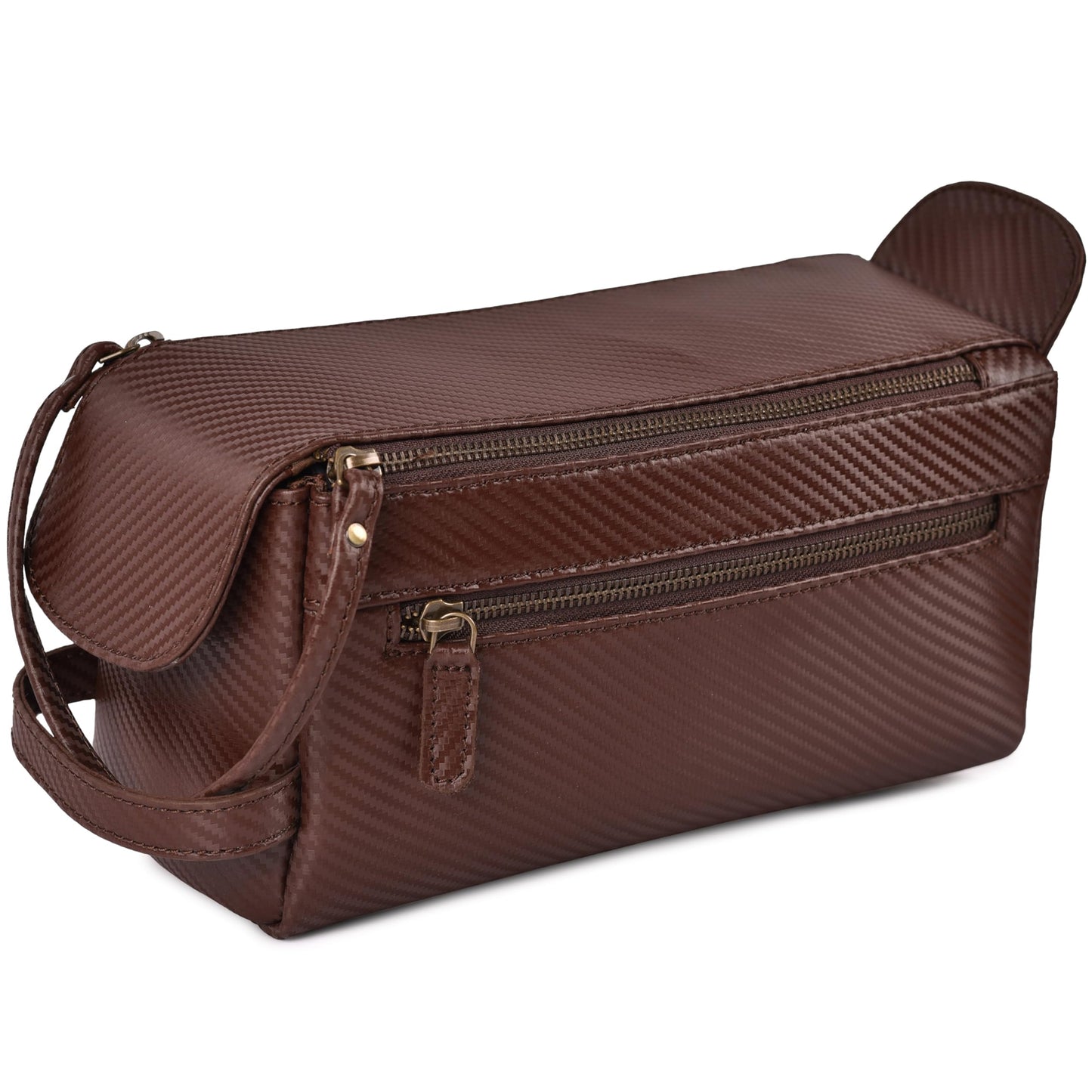 LEATHER VILLAGE Genuine Carbon Fiber Genuine Leather Travel Toiletry Bag - Large Dopp Kit, Water-Resistance Bathroom & Shaving Organizer for Men & Women - Brown