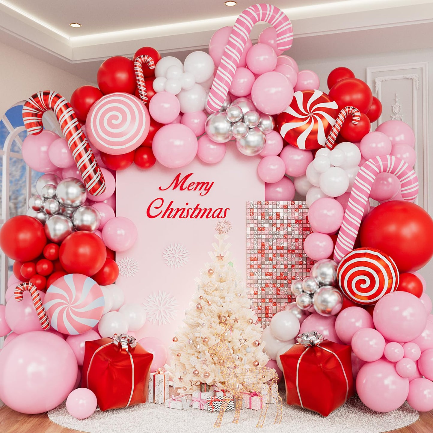 150PCS Christmas Balloon Arch Kit, Pink Red White Silver Balloons Garland with Candy Cane & Lollipop Foil Balloons, Pink Christmas Party Decorations for Xmas Birthday Baby Shower Holiday Decorations