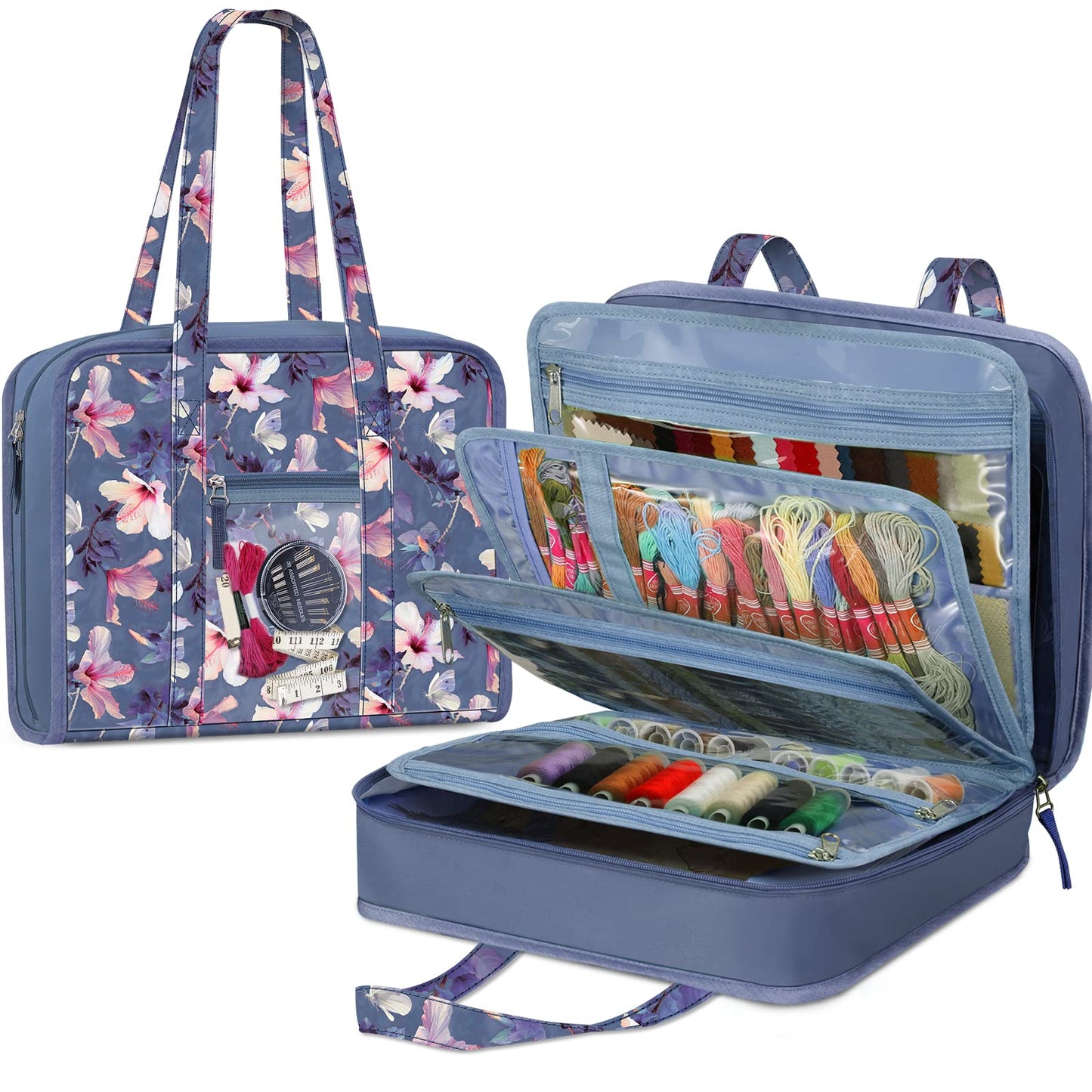 FINPAC Sewing and Craft Supplies Storage Tote, Large Capacity Travel Packing Organizer Bag with Clear Pockets and Handle for Knitting, Crochet, Art, Sewing Accessories (Blooming Hibiscus)