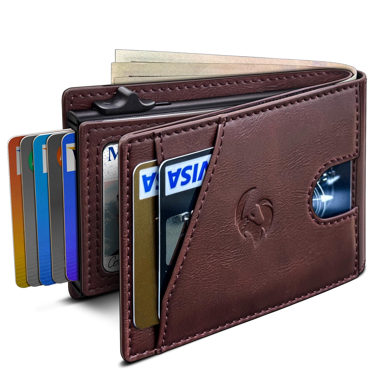 Housmai Wallet for Men, Slim Pop Up Card Holder with RFID Blocking, Minimalist Bifold Wallet with 9 Card Slots, ID Window and Cash Pocket, Metal Flip Case with Magnetic Closure, Gift Box