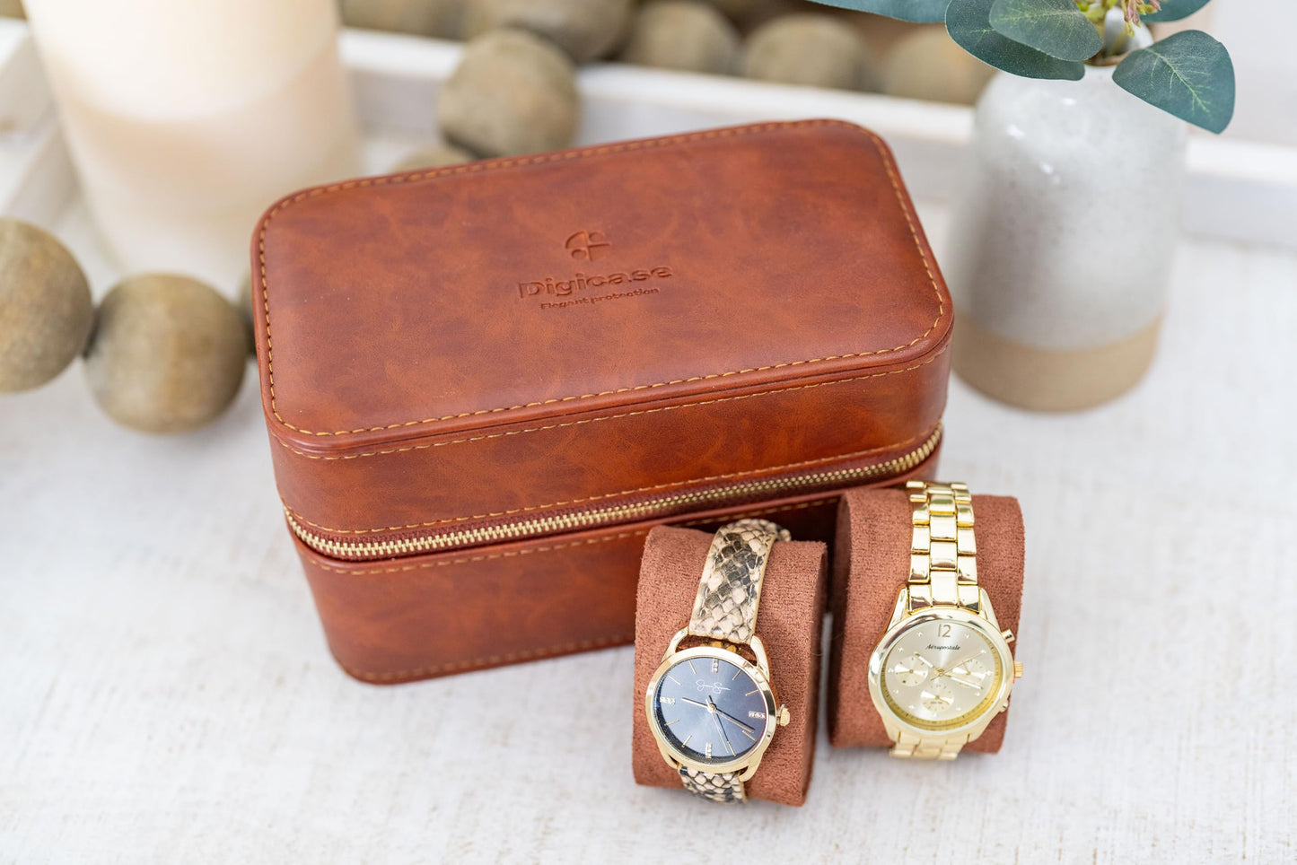 DIGICASE Watch and Jewelry Travel Case for Men & Women, Luxury PU Leather Organizer for 2 Watches, Rings, Earrings & Sunglasses - Black - Zippered Compact Travel Storage Jewelry Holder Gift (BROWN)