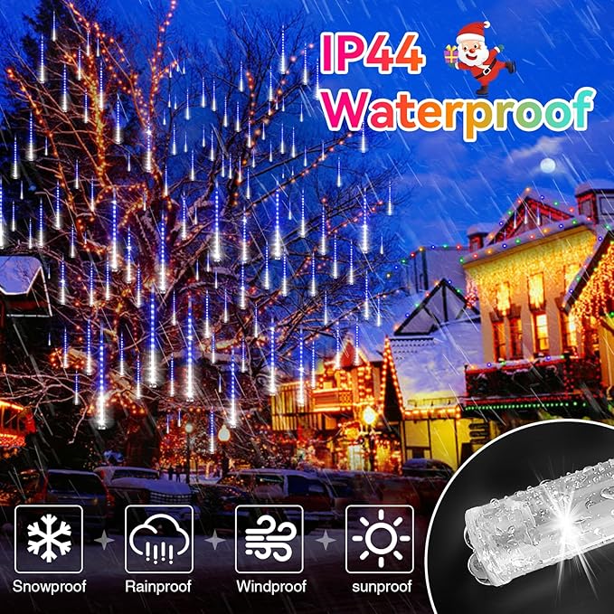 KNONEW 40 Tubes 1120 LED Meteor Shower Lights Christmas Lights Outdoor Plug in Waterproof Falling Rain Light for Xmas Tree Wedding Party Garden Holiday Rooftop Decorations (Blue and Cool White)