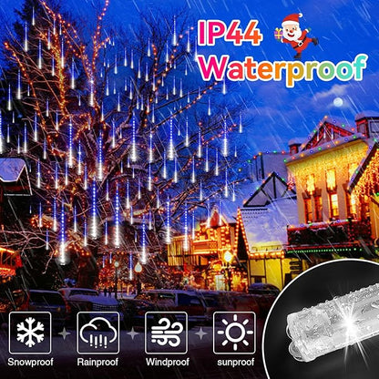 KNONEW 2Pack Total 48 Tube Meteor Shower Lights,15 in 672 LEDs Christmas Lights Outdoor Waterproof Plug in Falling Rain Light for Xmas Tree Wedding Party Garden Decorations (Blue and Cool White)