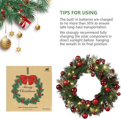 4pack Solar Christmas Wreath 24 Inch Pre-Lit Solar 50 Led Artificial Wreath Outdoor Front Door Window Christmas Decorations with Frosted Branches Red Christmas Balls (2408-4pk)