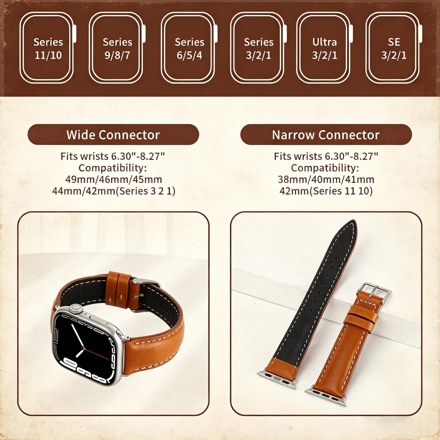 Vintage Full-Grain Genuine Leather Band Compatible with Apple Watch 42/44/45/46/49mm, Men Women Classic Business Dressy iWatch Strap for Series 11 10 9 8 7 6 5 4 Ultra SE 3 2 1, Brown