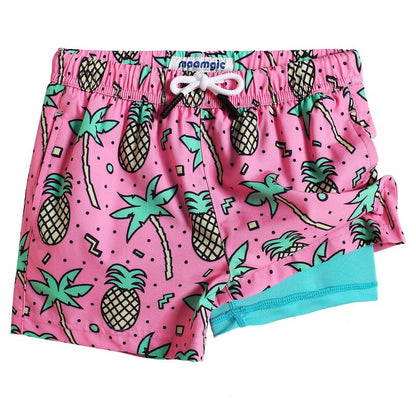 maamgic Boys Swim Trunks with Compression Liner Toddler Stretch Swim Shorts Quick Dry Swimming Trunks Boxer Brief 2 in 1 Beach Shorts Rose Coconut 10/12