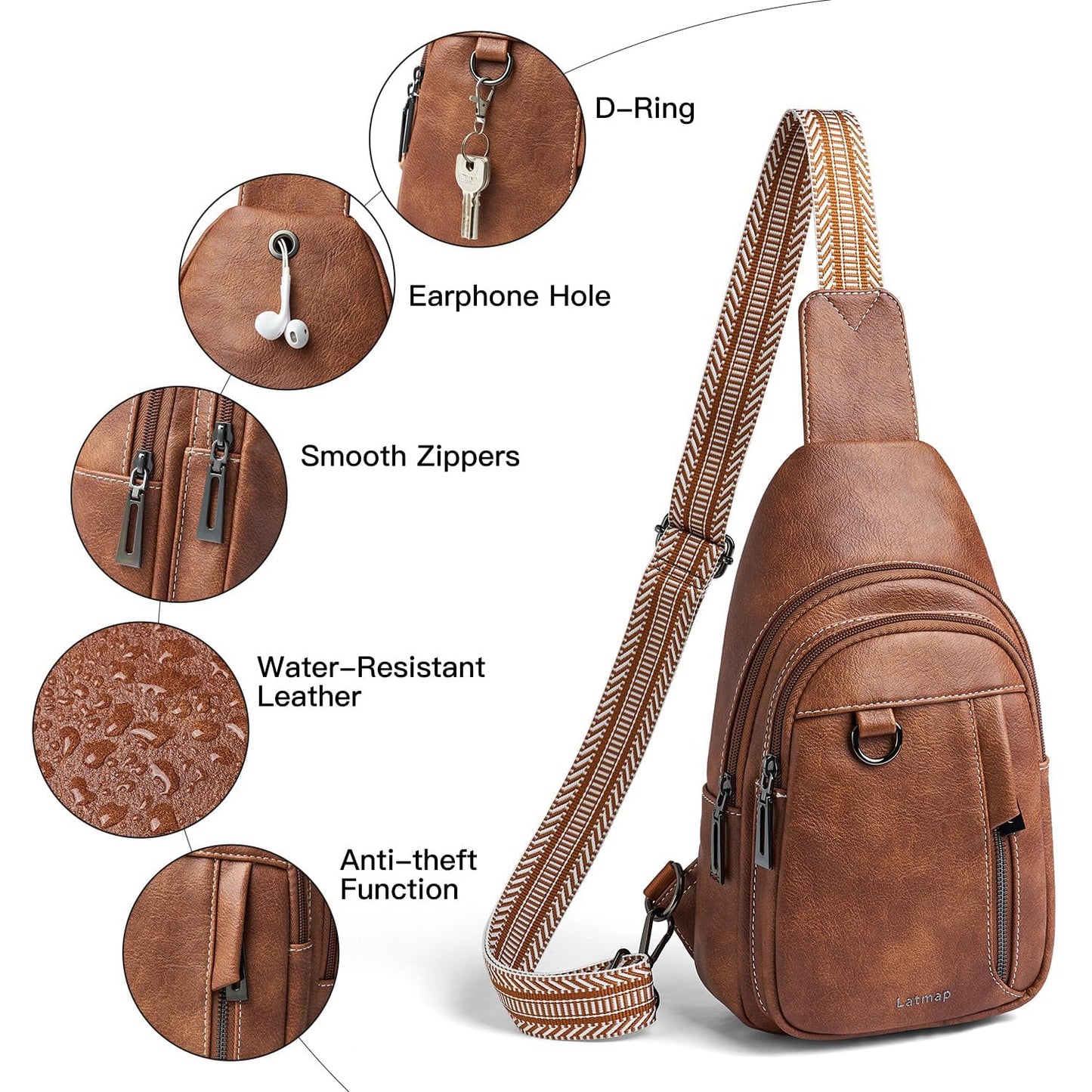 LATMAP 7L Sling Bag for Women Men Leather Small Sling Backpack Daypack Anti Theft Fanny Pack Crossbody Purse Travel, Brown