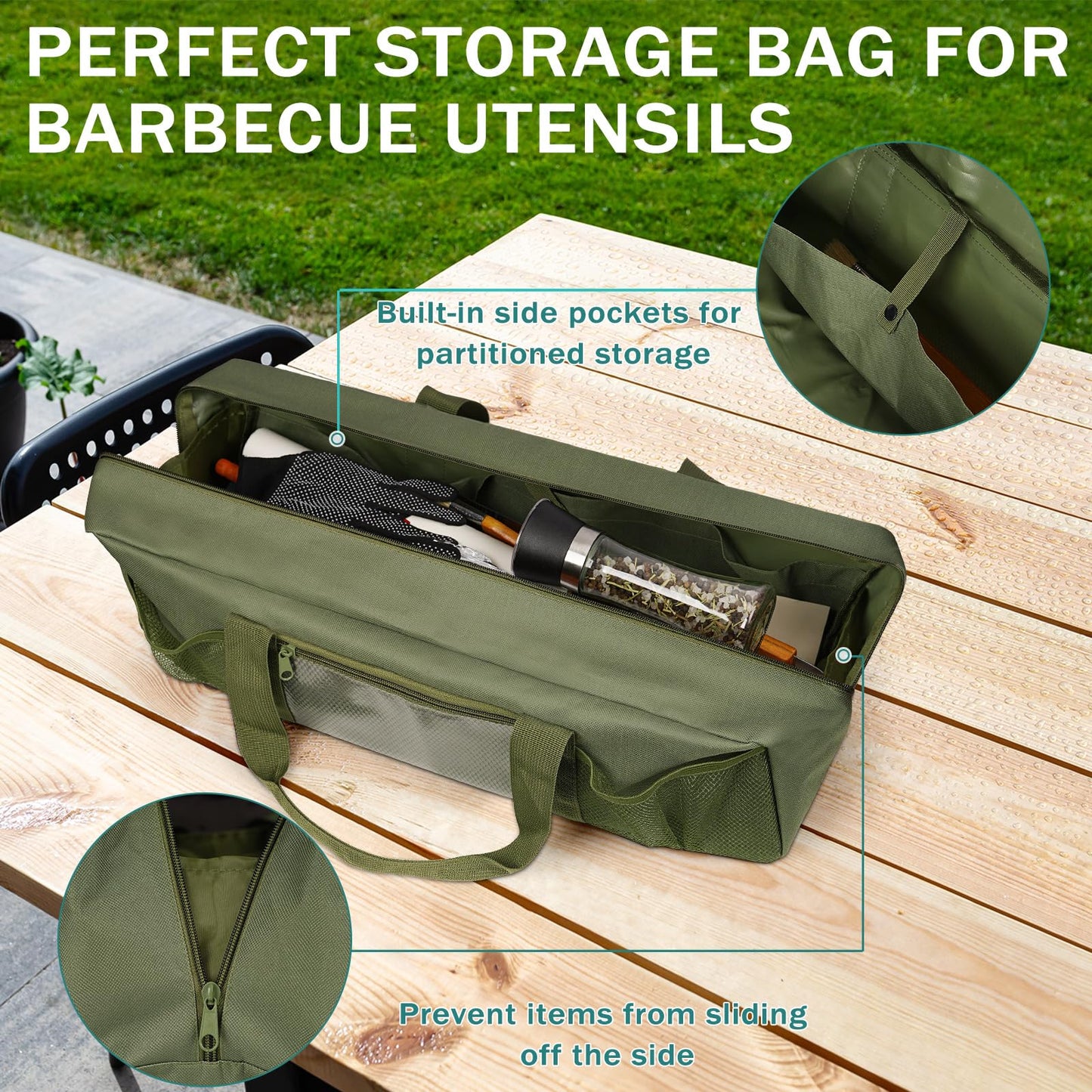 Frjjthchy Grill Tool Storage Bag, Large Grill Utensil Storage Caddy with Pockets, Portable Grill Accessory Storage Bag for Outdoor Camping & BBQ (Green)