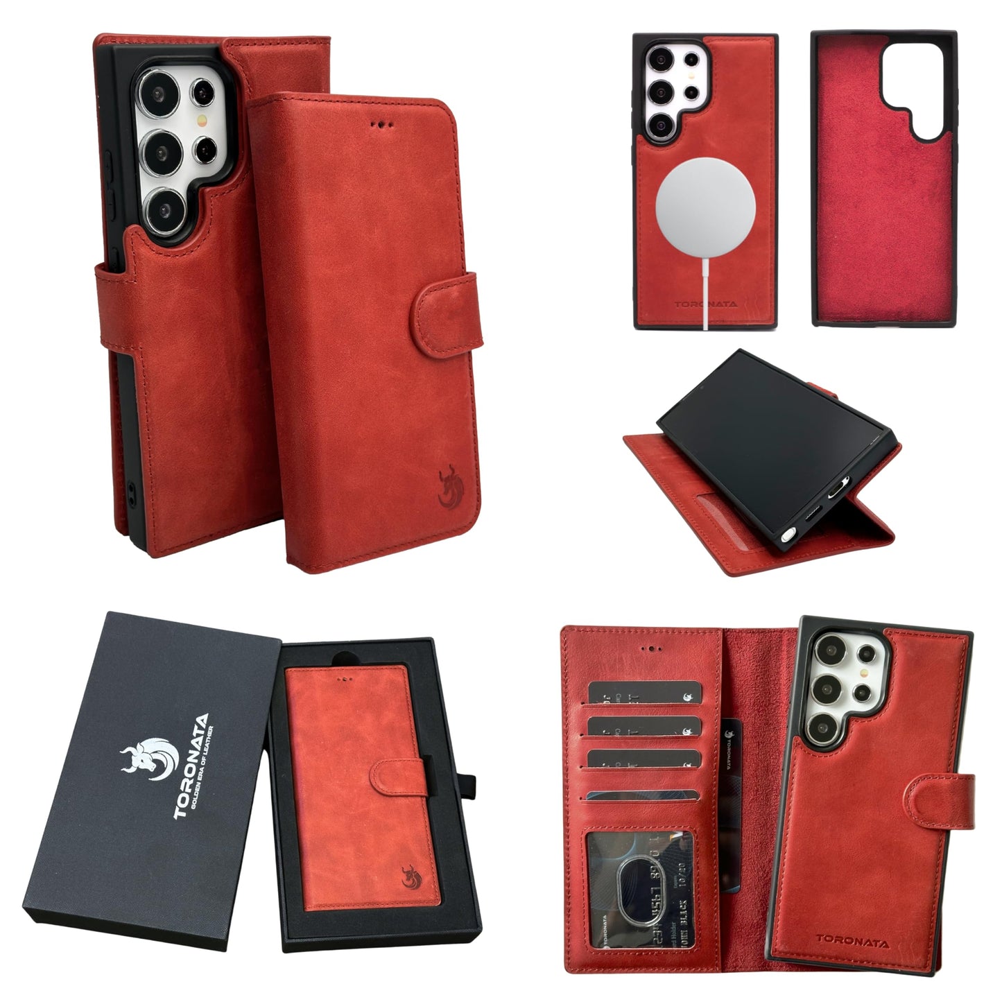 TORONATA Nevada Samsung Galaxy S24 Ultra Case – S24 Ultra Leather Case - Luxury S24 Ultra Wallet Case with Kickstand Design, Card Slots – Handcrafted Anti Scratch RFID Leather Wallet (Red)