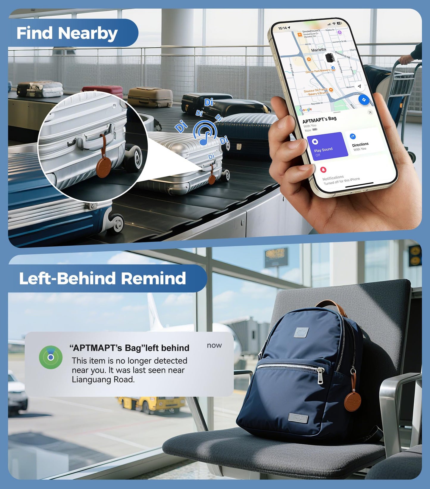 APTMAPT Smart Luggage Tag Works with Apple Find My, Premium Leather Suitcase Tracker with 2 ID Labels, TSA-Friendly, Anti-Lost Travel Essentials for Bags Backpacks, Wireless Charging, Brown