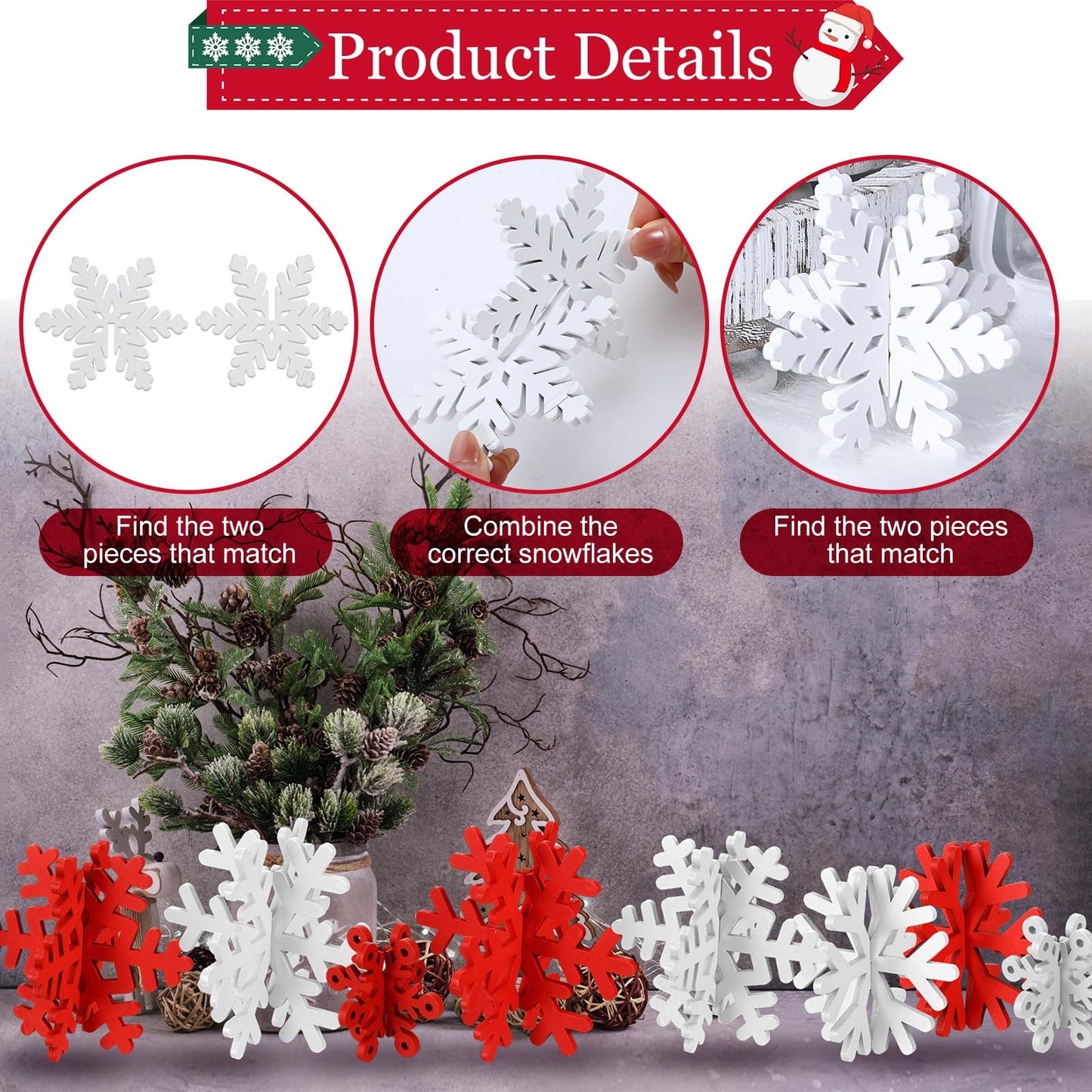 Wenqik 16 Pcs Winter Wooden Snowflake Decor Christmas Winter Snowflake Tabletop Decorations 3D Snow Table Signs Standing Centerpiece Xmas Tiered Tray Decorations for Party(Red White)