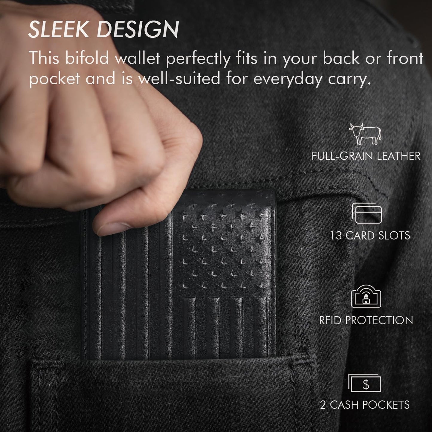 Pefiam Full Grain Leather Wallet for Men, RFID Blocking, Bifold with 2 ID Windows, 13 Card Slots, American Flag Wallet Black
