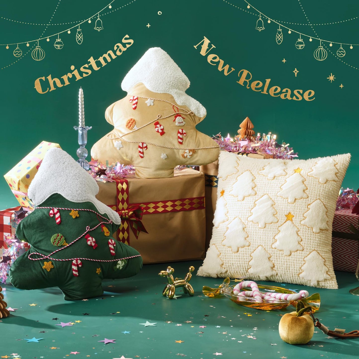 Ashler Christmas Tree Throw Pillow Covers, Plush 3D Pillow Covers, Beige, 18x18IN, Set of 2, Star Embroidered, Velvet Pillowcase with Contrast Piping, Festive Decor for Bedroom, Living Room