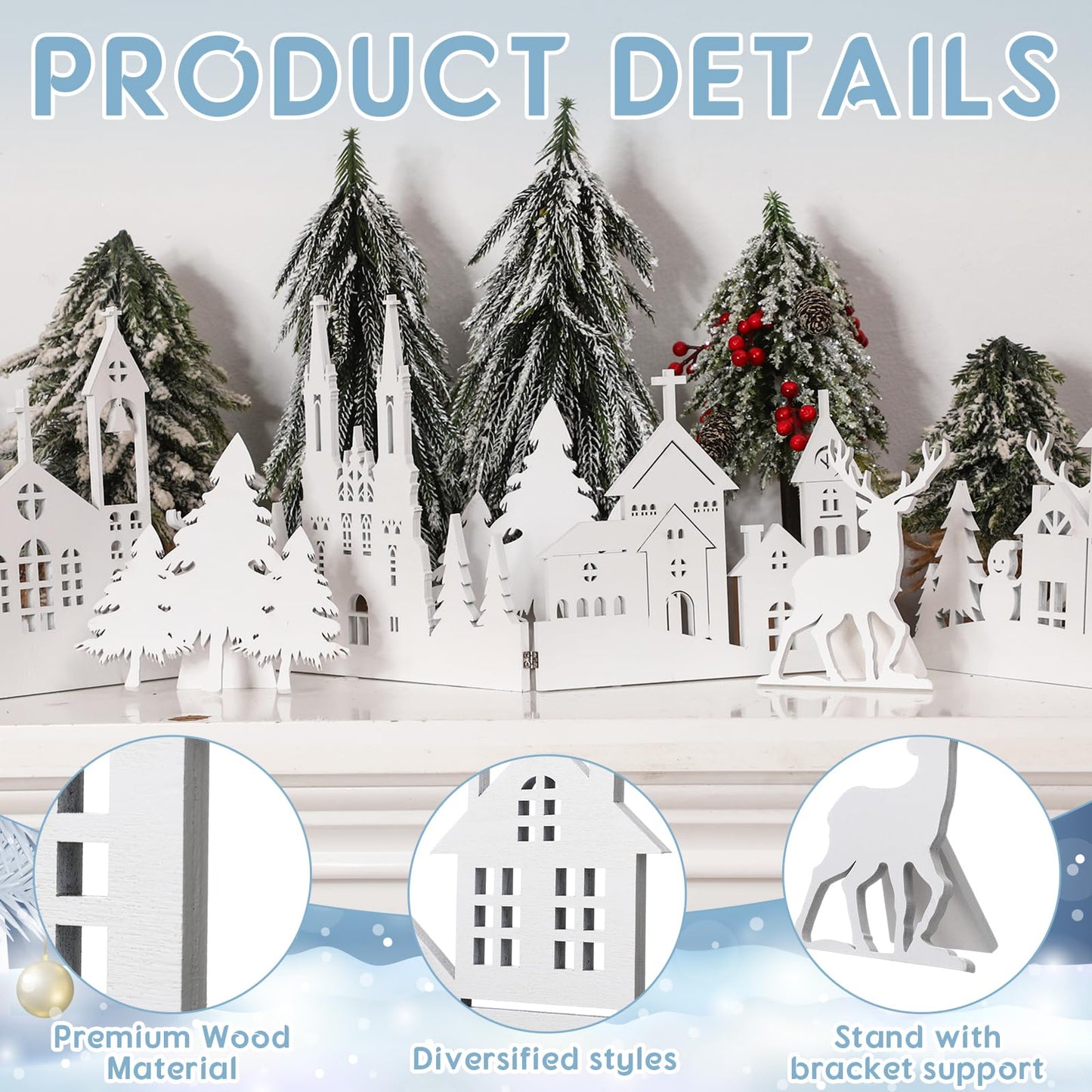 Colingmill 32 Inch Christmas Tabletop Decoration Wooden Christmas Themed White Church Xmas Tree and Elk Signs Farmhouse Centerpiece Decor for Home Kitchen Table Shelf Decor