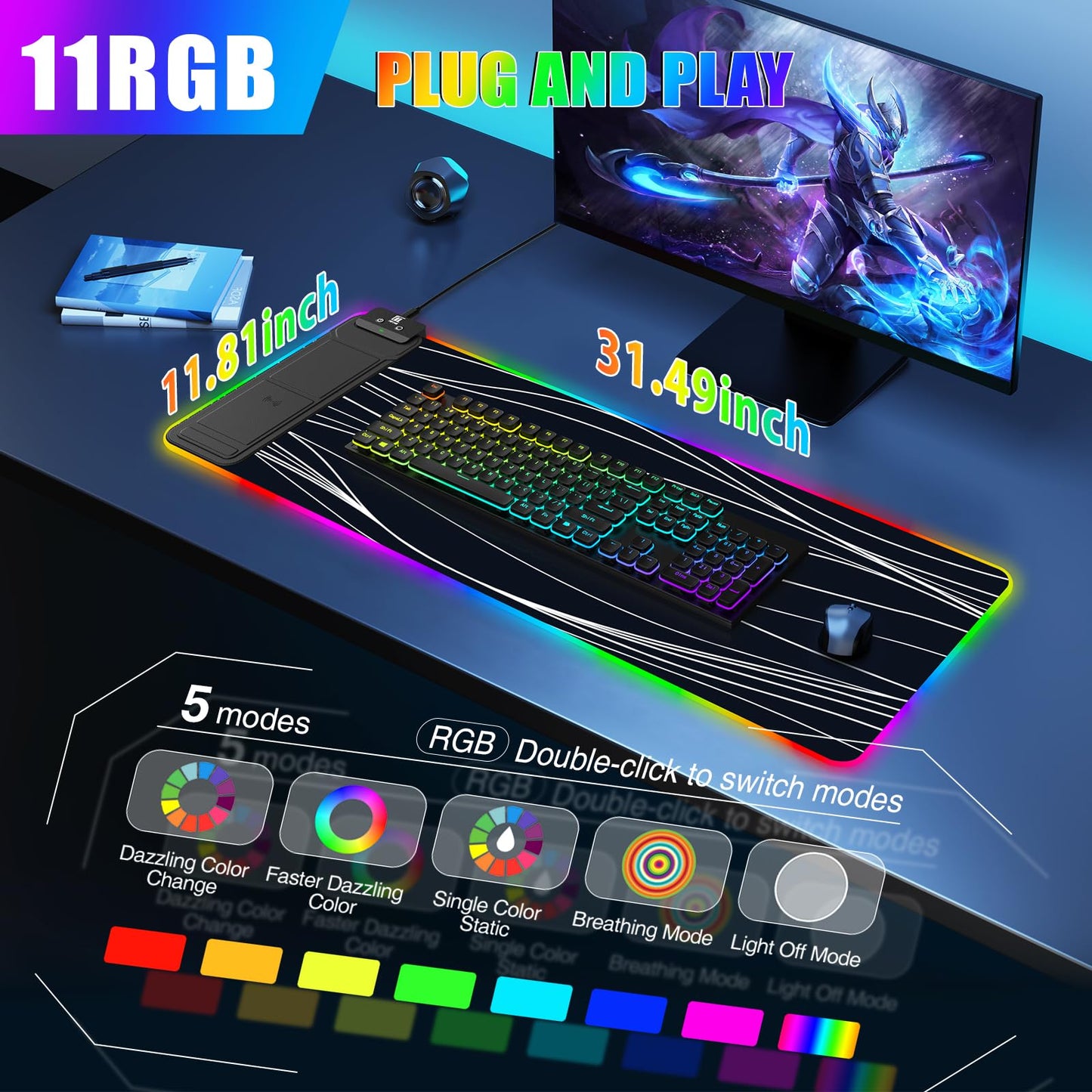 Mouse Pad with Wireless Charging, Large Desk Mat RGB Gaming Mousepad, 10 Light Colors LED Gaming Pad Keyboard Pad with Ultra-Smooth Surface & Non-Slip Rubber Base, Waterproof Full Desk Mouse Pad