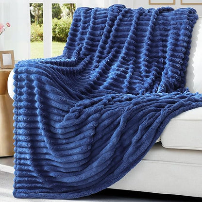 decorUhome Soft Fleece Navy Blue Blanket King Size for Bed, Cozy Fluffy Plush Flannel Large Striped Throws for Couch Sofa, Lightweight Decorative Fuzzy Blanket for Woman, 108x90 Inches