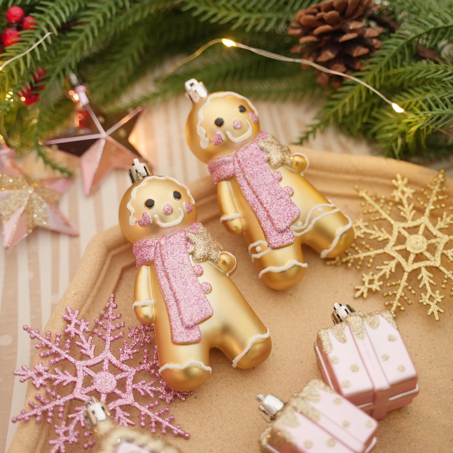 SHareconn 65pcs Christmas Tree Ornaments Set, Shatterproof Christmas Gingerbread Man Balls Bulk Gift Boxes, Hanging Plastic Decorative Baubles for Xmas Trees Decorations, Holiday Party, Pink Gold