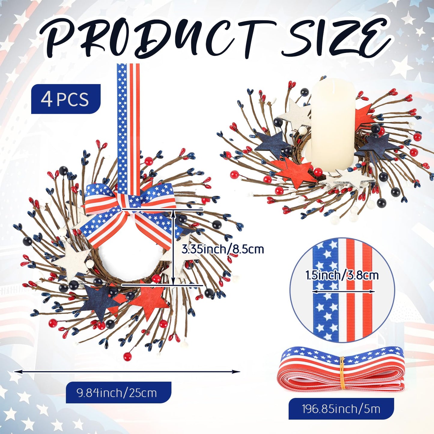 4 PCS Small Patriotic Wreath Mini 4th of July Wreaths for Kitchen Cabinets Farmhouse Artificial Red White Blue Stars Memorial Day Windows Wreaths for Independence Day Porch Wall Decor