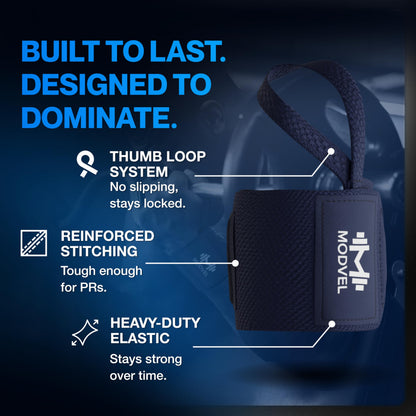 Modvel Adjustable Wrist Wraps for Gym & Lifting – Thick, Breathable Support Straps for Wrist Stability, Comfort & Grip – Ideal for Weight Training, CrossFit & Gym Workouts – R Dark Blue 2-Pack